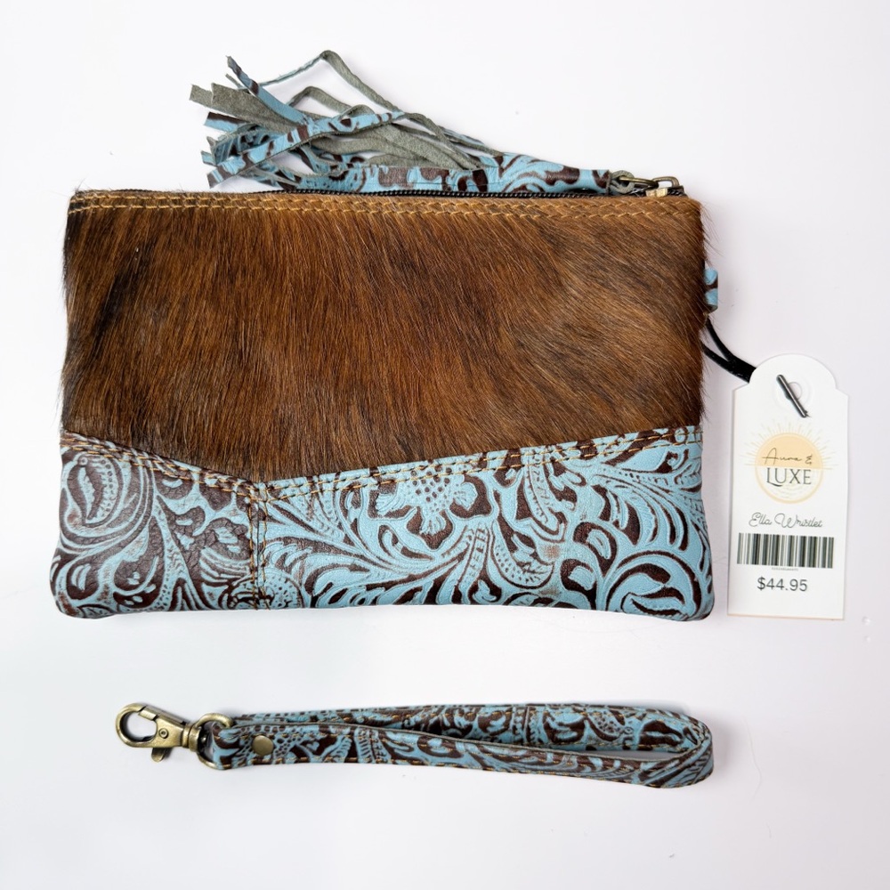 Turquoise Tooled Leather and Brown Hair-on Hide Wristlet Clutch - Picture 3 of 5
